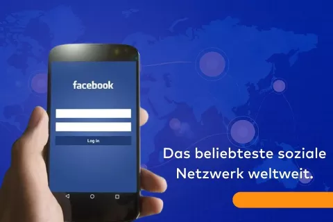 Eine Hand hält ein Smartphone mit Facebook auf dem Display und neben dem Bild steht: Facebook ist das beliebteste soziale Netzwerk der Welt.